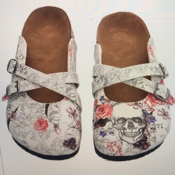 Cella-Painted floral Skull cross-strap mule white/pink design-NIB LAST PAIR!!! - Picture 2 of 10